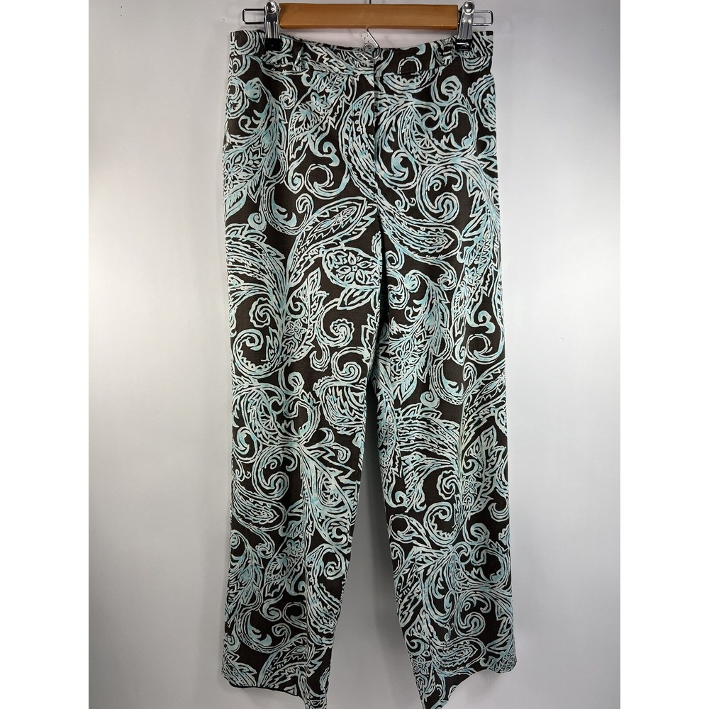Talbots Pants Women's Petites Sz 4 Teal/Brown Print Stretch‎ Straight Leg Lined